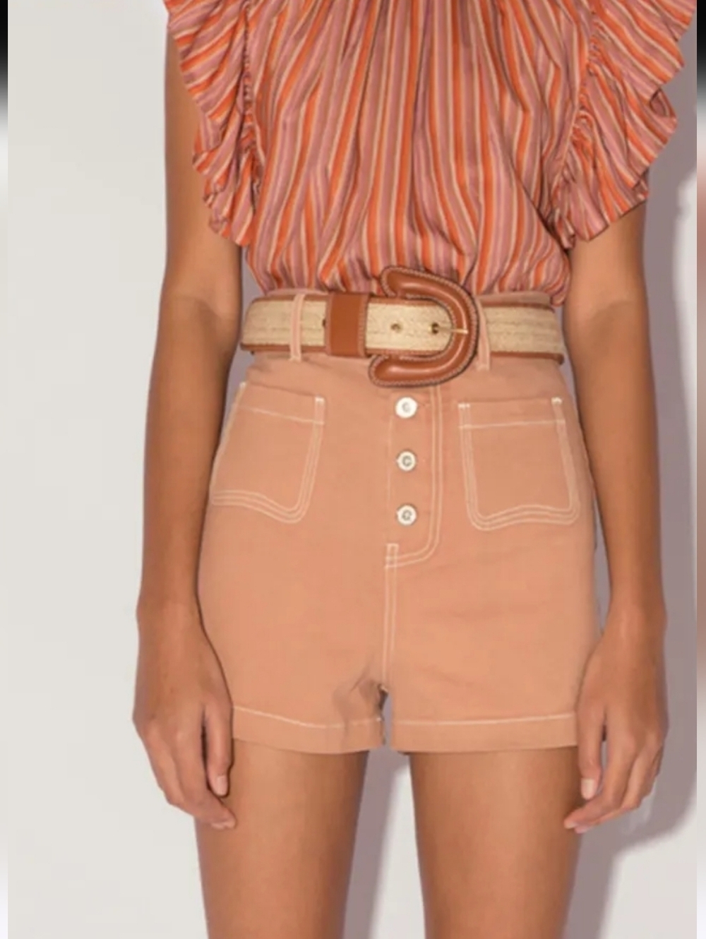Magali Pascal Janis Camel High Waisted Shorts Contrast Stitch Button Front.Small